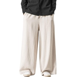 Flygo Mens Linen Pants Casual Wide Leg Baggy Pants Summer Cotton Elastic Waist Yoga Beach Palazzo Trousers(Beige-L)