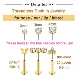 Longita Gold Threadless Nose Stud 20g Flat Back Nose Stud 20g Cartilage Earring Nose Earrings Flat Back Earrings Flatback Nose Stud 20 gauge Push in Nose Stud Labret Nose Rings with Backs 8mm
