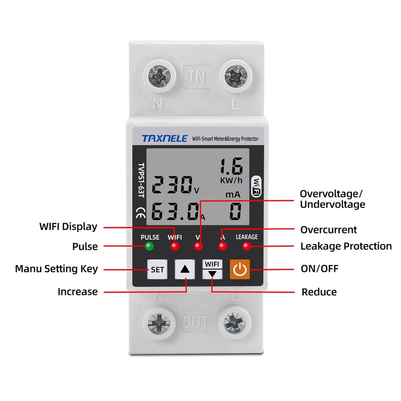 Intelligent Energy Meter Wi-Fi AC 63A 80-300V Protection Against Intelligent