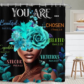 Yookeb African American Inspirational Bathroom Shower Curtain 60W by 71H Inch Black Girl Women Motivational Bible Quotes Positive Teal Flower Polyester Fabric 12 Plastic Hooks Waterproof Decor