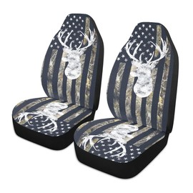 LONSANT Camo Deer Car Seat Covers Set of 2,USA Camo Buck Deer Hunting American Flag Universal Auto Front Seat Protector Vehicle Seat Cushion Cover for Men Vintage Car Accessories Fit for Car Truck