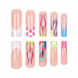 MISUD Press on Nails Long Square Fake Nails Glossy Glue on Nails Colorful Plaid French Tip Acrylic Nails Squoval Artificial Nails Flame Stick on False Nails with Design 24 pcs