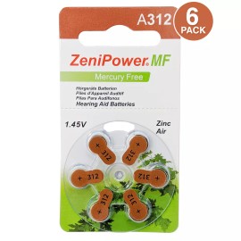 ZeniPower Size 312 1.45V Mercury-Free Zinc Air Hearing Aid Battery (6 Pack)