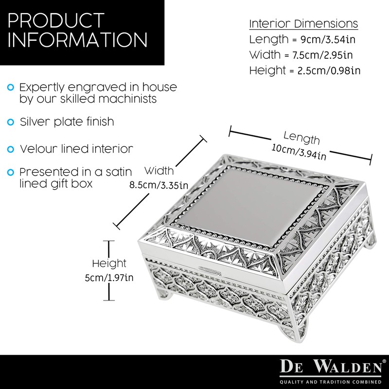 De Walden Gran Engraved Silver Plated Trinket Box in a