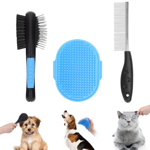Dog Brush, Cat Brush, 2-in-1 Dog Brush and Bristles, 3 Pack Dog Comb, Professional Double-Sided Pet Hair Brush - Removes Loose Fur and Dirt Ideal for Long and Short Haired Pets