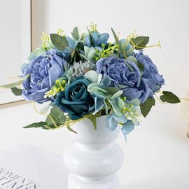 ASTRYAS Peonías Artificiales Azules Flores de Peonía Falsas Rosas de Seda Arreglo de Centro de Mesa Floral Falso Decoración Centros de Mesa para Boda Fiesta Decoración del Hogar