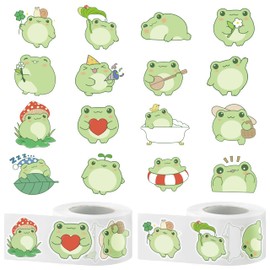W1cwey 1000pcs Cartoon Frog Sticker Rolls(2 Rolls), 1.5 Inch 16 Design Cute Frog Decorative Decals for Kids Kawaii Frog Animals Self Adhesive Sticker for Waterbottle Luggage Scrapbook Gift Wrap Decor