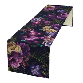 Gothic Flower Table Runner, Watercolor Vintage Dark Purple Floral Romantic Flower Blooming Table Runner for Home Kitchen Dining Table Decor, 13x36inch
