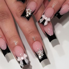 NICENEEDED 24 Pcs Black French Tip Press on Nails, Long Square False Nails Bow Tie Sart Fake Nail, Shiny Glossy Glue on Nails Artificial Nail Full Cover on Nails for Women