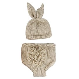 Newborn Baby Bunny Easter Photography Prop Costume Crochet Knit Rabbit Hat Diaper Bloomers First 1st Birthday Outfit for Boy Girl Photo Shoot Fancy Dress up Cosplay Hat + Shorts (2pcs) 0-3 Months