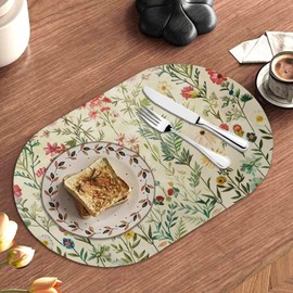 YUVAMAGIMO Floral 4 PCS Place Mats for Dining Table Faux Leather Oval Placemats Waterproof Oil-Proof PU Table Mats Vinyl Placemat Set for Farmhouse Restaurant Home Cafe