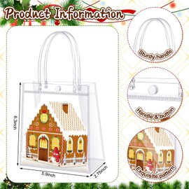 Colingmill 24 Pcs Christmas Gingerbread House Gift Bags Bulk with Handles Treat Candy Goodies PVC Bags for Xmas Decoration Holiday Gingerbread Party Favors Supplies