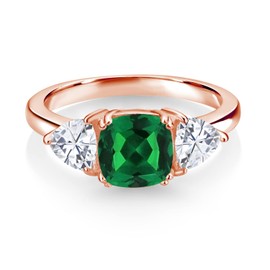 Gem Stone King 18K Rose Gold Plated Silver Green Nano Emerald and White Moissanite 3 Stone Engagement Ring For Women (1.59 Cttw, Gemstone May Birthstone, Available In Size 5, 6, 7, 8, 9)