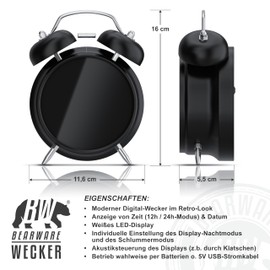 CSL - Wecker digital - Retro Design – lauter Glockenalarm - LED Anzeige – Akustiksteuerung – Zeit und Datum – Schlummerfunktion – Batteriebetrieb oder USB - ohne Ticken - schwarz