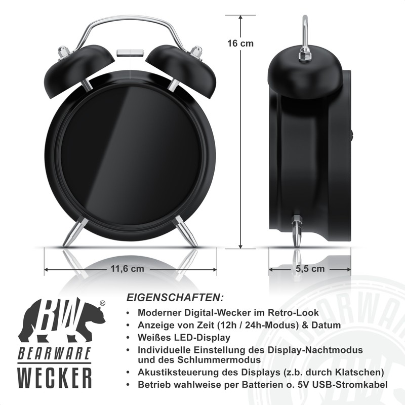 CSL - Wecker digital - Retro Design – lauter Glockenalarm