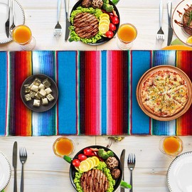 Fowecelt Mexican Serape Table Runner 14 x 84 Inch Hand-Woven Blanket Colorful Striped Mexican Fringe Cotton Fiesta Table Runner for Outdoor Picnics Dining Party Wedding Decorations