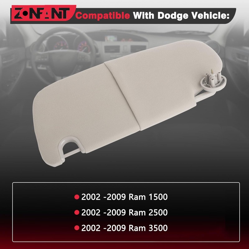 ZONFANT Grey Left Driver Side Sun Visor without Sunroof Compatible