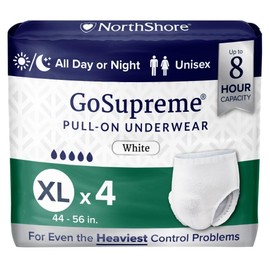 NorthShore GoSupreme Overnight Pull-On Underwear, 8-Hour Leak Protection, X-Large, 4-Count Starter Bag, White, (44-56 in Waist), Unisex Adult Diapers