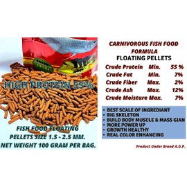 Carnivorous Arowana Fish Food High Protein 55% Tropical Fish Oscar & Pleco Catfish Fish Feed Floating Pellet 100 g. Astaxanthin Color Enhancing Nutritious for Growth Fast, BUILD BODY MUSCLE & SKELETON