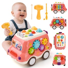 LTFIOON Baby Toy from 1 Year, Musical Bus Children's Toy with Xylophone, Hammer Game, Montessori Music Toy from 1 2 Years, Girls Boys Educational Toy Gifts (Pink)