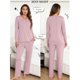Wikoan Womens Pyjamas Set Warm 2 Pieces V-Neck Long Sleeve Soft Pjs Top with Pocket Ladies Pyjamas Set,Dusky Pink,XL