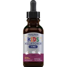 Piping Rock Kids Melatonina Líquido 1 fl oz | 1 mg | Paquete de 3 botellas | Gotas de sabor a bayas | Suplemento sin OMG, sin gluten