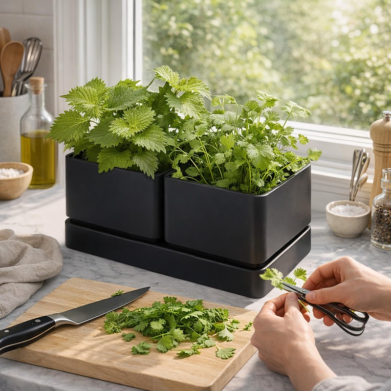 Herb Garden Planter Set with Saucer, Black, 76-Q-B-1