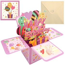 WD&CD Happy Birthday Card, 3D Greeting Pop Up Congratulation Card with Envelopes, Best Birthday for Friends Husband Wife Mother Father Children Boys Girls, Pink
