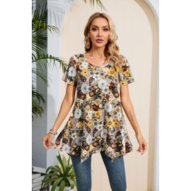 Enmain Womens Tunic Tops Short Sleeve Ladies Tunics to wear with Leggings Women Casual Blouse Hankerchief Hem Top for Summer,Multicolor,L