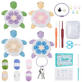 FREEBLOSS 4 Set Crochet Kit for Beginners Crocheting Animals Kits Crochet Turtle Keychain Kit Crochet Granny Squares with English Instructions Complete Crocheting Crafts for Adults