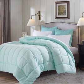 EVOLIVE All Season Pre Washed Soft Microfiber White Goose Down Alternative Comforter with Box Stitching (Mint, King)