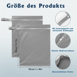 Moorle Pack of 2 Wet Bags 40 x 30 cm, Waterproof Laundry Bag, Grey, Reusable Travel Wet Bag with Zip, Small Wet Bag Swimming for Swimsuits, Beach Towels, Nappies