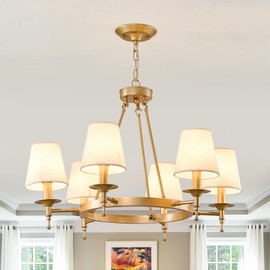 hesoge Wagon Wheel Round Chandelier Vintage Gold Ceiling Chandelier with Fabric Shade 6 Lights Drum Island Light Fixture for Dining Room Farmhouse Kitchen Living Room