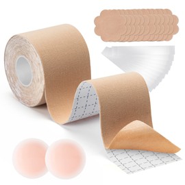 PULIOU Boob Tape for Women, Body Tape for Breast Lift 1 Pair Reusable Nipple Covers 1 Roll Skin-Friendly Breathable Bra Tape Under Strapless Dress 25-piece Set Plus Size Nude