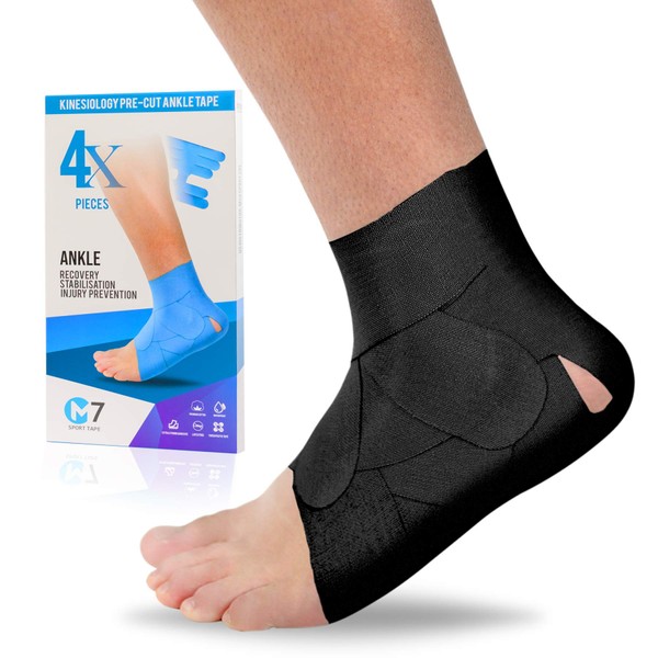 M7 Sport Kinesiology Ankle Tape for Ankle Sprain and Injury Recovery, Pain Relief Kinesiology Tape, Ankle Brace Compression Support, Plantar Fasciitis, Waterproof, Eases Swelling (Black, 4-Pack)