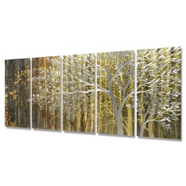 BATRENDY ARTS Gold Metal Wall Art Yellow and Brown Tree Sculpture Landscape Aluminium Panel Artwork Hangings for Living Room Decorations