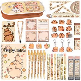 Capybara Stationery Set,Cute School Supplies,Kawaii Stationery Birthday Gifts,Includes Sticky Notes,Mechanical Pencils,Highlighters,A5 Notebook,Stickers,ID Badge Holder,for Office School Supplies