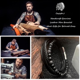 Casisto.J Men's Leather Bracelet Braided Beads Stainless Steel Brown Black Blue with Magnetic Clasp Jewellery in Gift Box