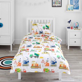 Bloomsbury Mill - Construction Vehicles - Trucks, Diggers & Cranes - Kids Bedding Set - Junior/Toddler/Cot Bed Duvet Cover & Pillowcase
