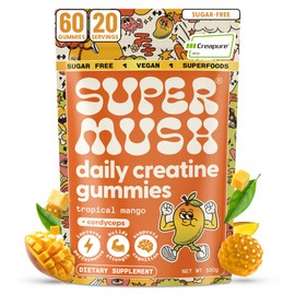 SuperMush Daily Creatine Gummies with Cordyceps - Daily Superfood - Sugar Free Creatine Monohydrate Supplement for Strength, Focus, and Recovery – Vegan Gummy Formula, Mango Flavor, 20-Day Supply
