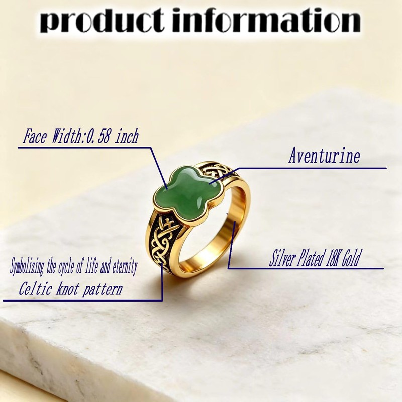 THJEW Vintage Lucky Four-Leaf Clover Natural Aventurine Jade Ring, 18K
