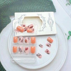 Brown Press on Nails Short Length Tree Branch Maple Leaves Fake Nails with Glossy Autumn Maple Leaf False Nails Square Shape Full Cover Fall Acrylic Nails Glue on Nails for Women Nail Designs 24 Pcs