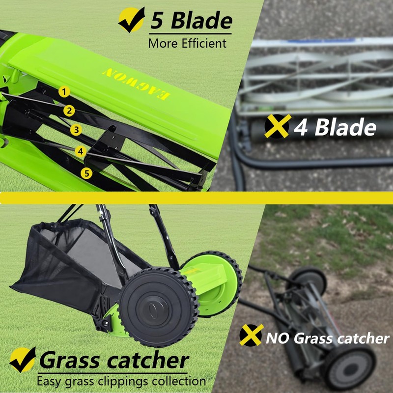 EAGWON 14-Inch 5-Blade Manual Push Reel Lawn Mower Cordless, with