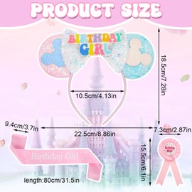 Sparkle Sequin Mouse Ears Headbands for Kids, Pink Mouse Ears Bow Headband with Birthday Ribbon & Badge, Cosplay Party Headband for Girls Princess Party Accessories