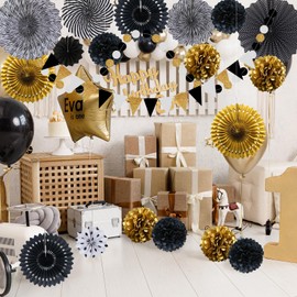 Party Decorations, Black and Gold Hanging Paper Fans, Pom Poms Flowers, Pennant, Garland String, Banner for Birthday Parties Wedding Décor, Table & Wall Decorations