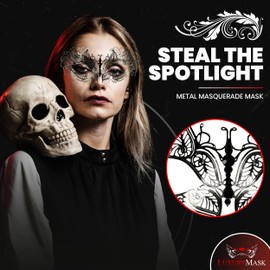 Masquerade Mask for Women - Laser Cut Butterfly Design Venetian Metal Mask for Prom, Mardi Gras, Homecoming, Costume Parties, Masquerade Balls, Themed Events and Festival Masks (Silver/Black Stones)