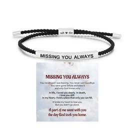 LIU JUN For Memorial - Missing You Always Motivational Tube Bracelet For Women, Memory Loss Loved One Engraved Heart With Wings Stainless Steel Gift Jewelry (Missing You Always Heart Silver+Black)
