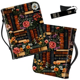 Handle Bible Cover with Metal Bookmark, Library Flowers Large Carrying Bible Case Bible Book Tote Church Bag Multi-Pockets Bible Protector with Zipper Pocket Christian Gifts for Men Women
