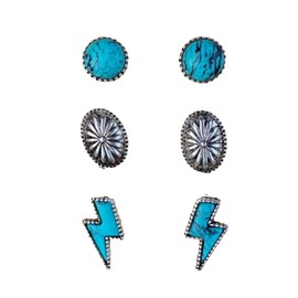 3 Pairs Set Turquoise Bohemian Stud Earrings for Women Natural Turquoise Boho Western Jewelry Lighting Bolt Stud Earring Set 80s 90s Accessories - Green
