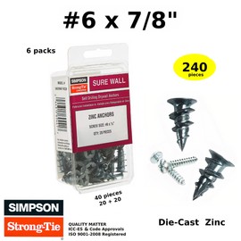 (Qty 240) #6 x 7/8” Wall Anchors and Screws Zinc Hollow Door Hollow Wall Anchors Self Drilling Drywall Anchors 6 Pack Screws and Anchors Kit